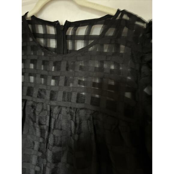 English Factory Puffy Sleeve Black Dress window pane semi sheer lined tired sz S - Picture 14 of 16